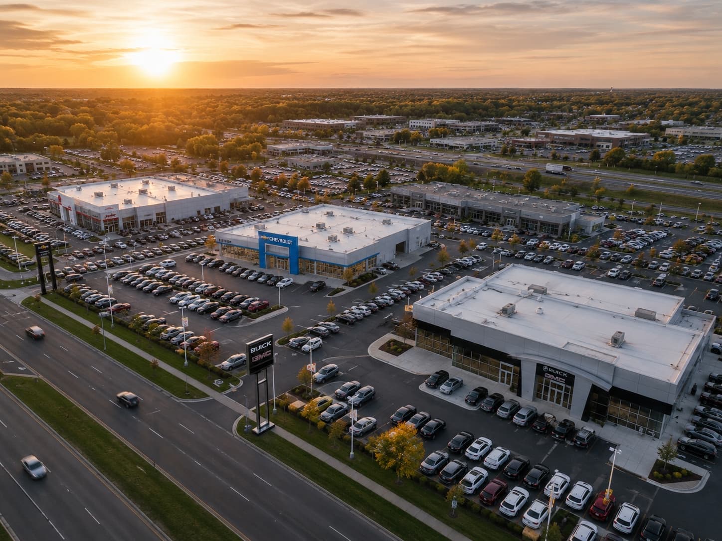 Aerial view of a multi-rooftop auto campus at golden hour