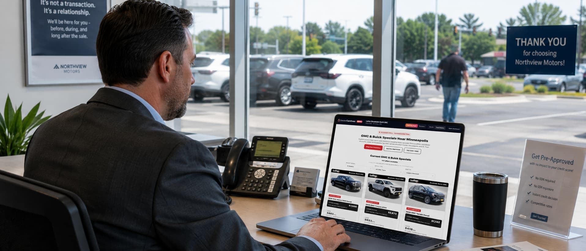 Sales manager at the showroom desk reviewing the dealership's specials page on a laptop